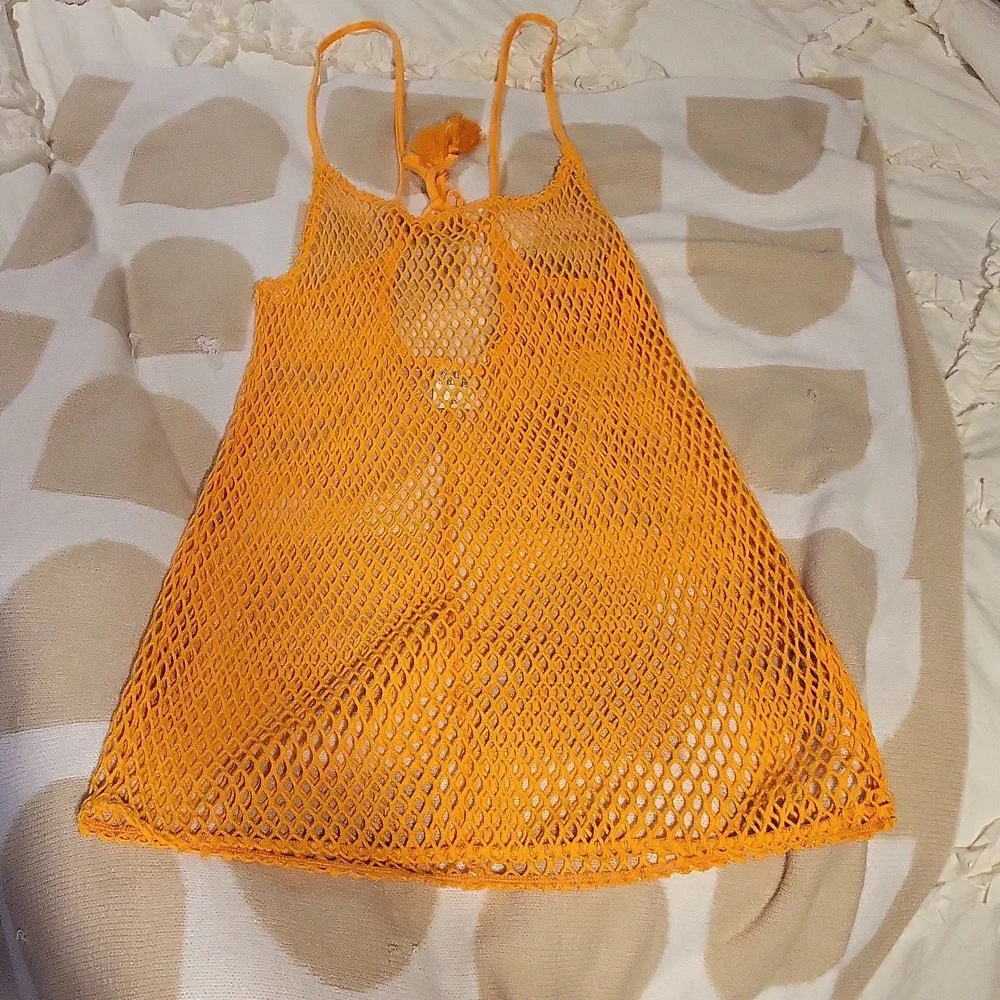 🧡🧡 SUPER CUTE 🧡🧡 Vibrant Orange Mesh Mini Dress Swim Cover-Up !! - Picture 1 of 2